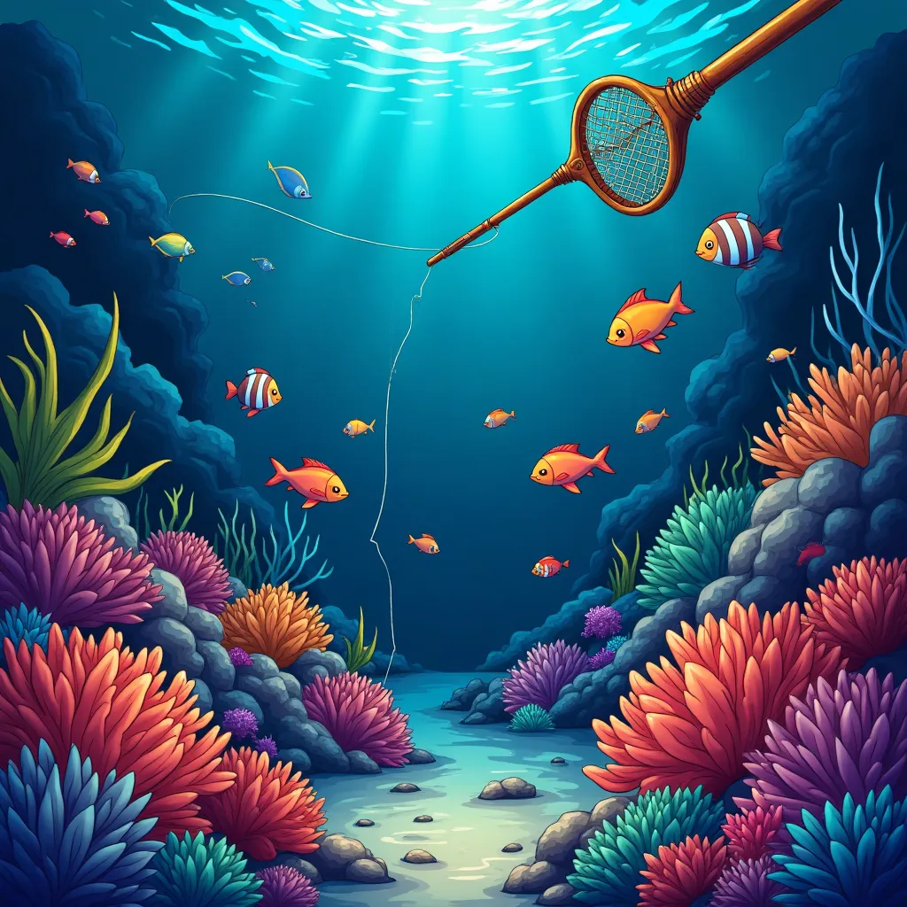 Cartoon fishing arcade game illustration with deep sea creatures